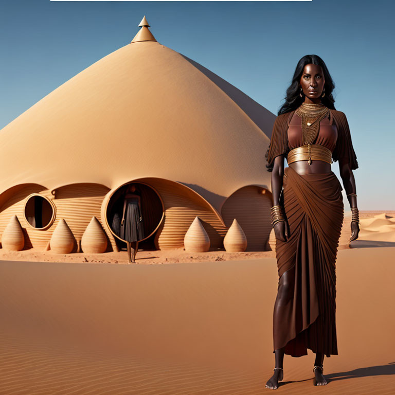 Woman in elegant brown attire in futuristic desert setting