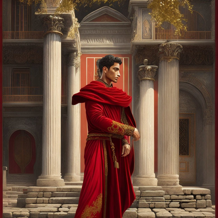 Figure in Red Cloak Stands in Classical Palace Setting