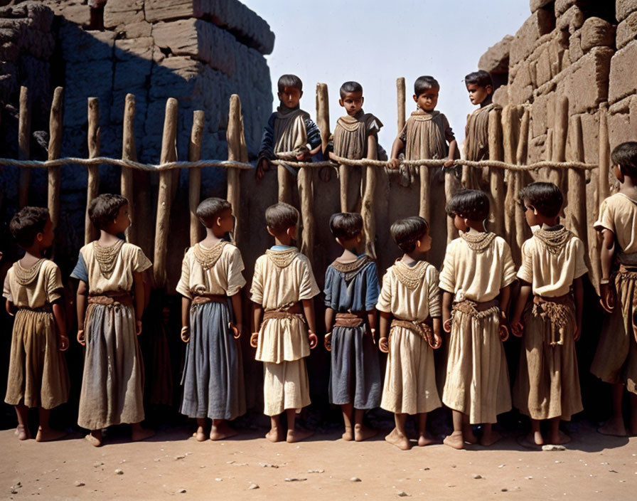 Children in traditional attire by wooden fence under clear sky