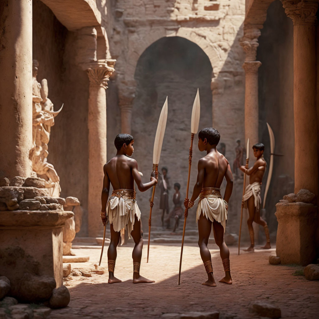 Traditional attire individuals with spears in sandy arena