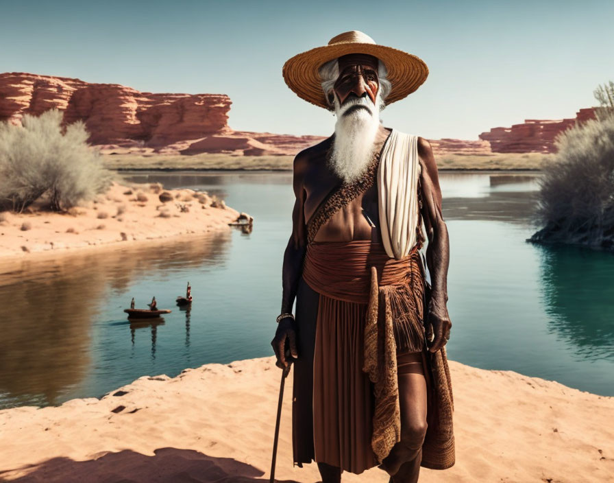 Elderly man in traditional robes by river with cliffs & boat