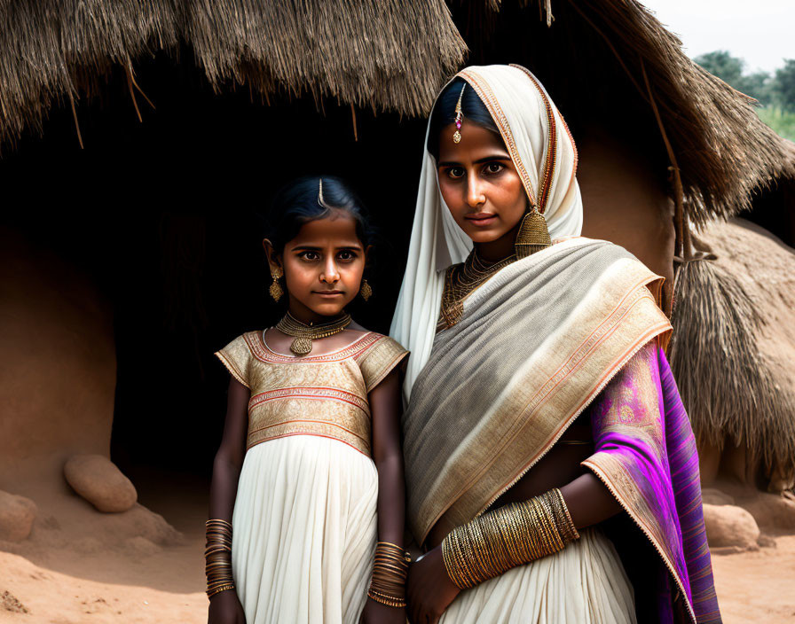 Traditional Indian Attire: Young Girl and Woman in Front of Thatched Hut