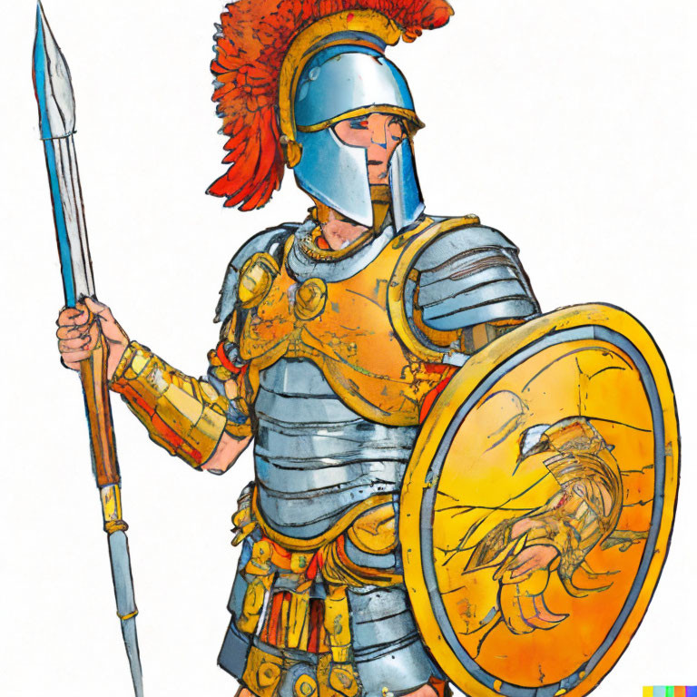 Illustration of Roman soldier in armor with spear, shield, and eagle motif.