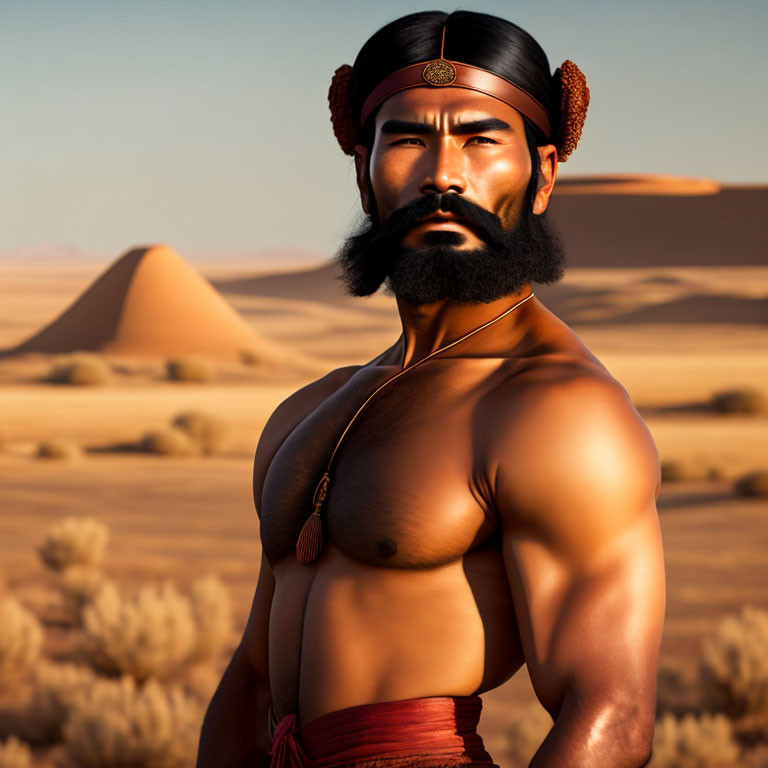 Muscular animated character with beard in desert setting