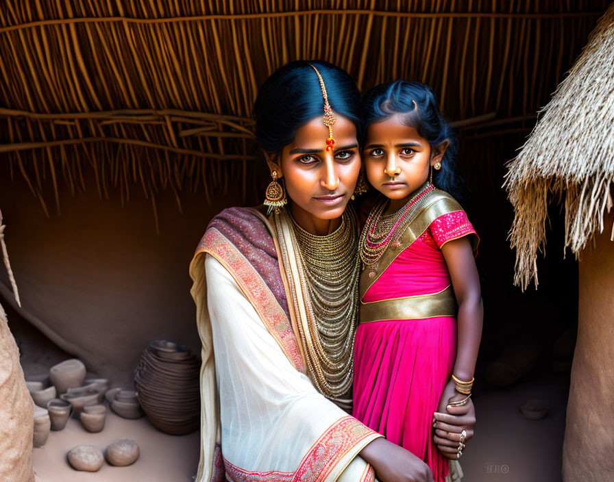 Traditional Indian Attire: Woman and Girl with Ornate Jewelry in Rural Setting