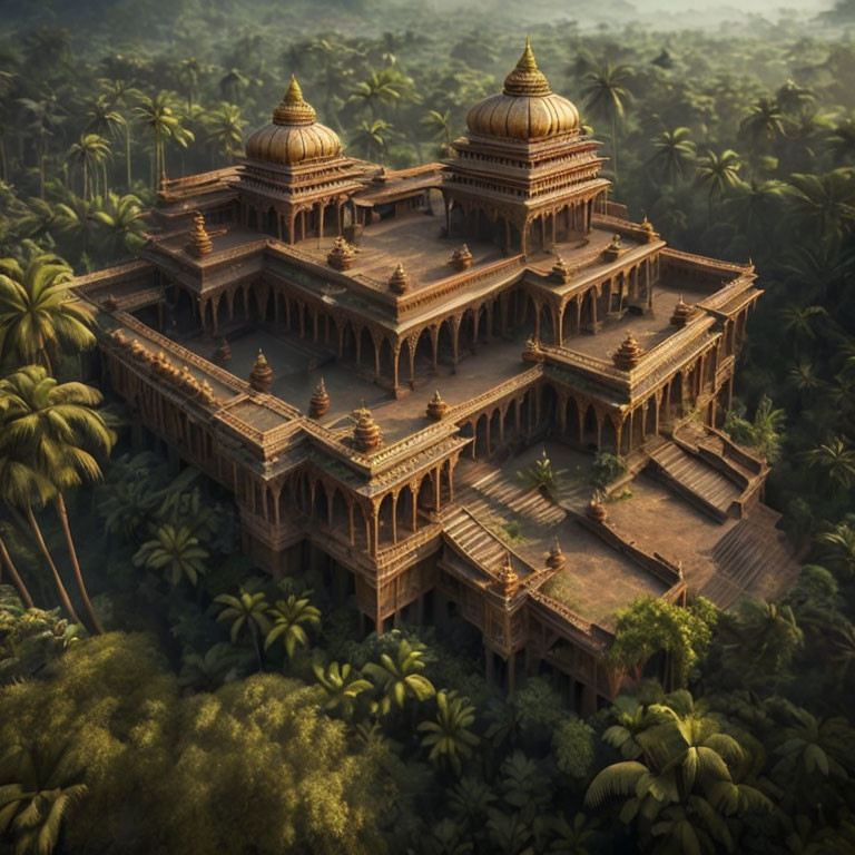 Ancient temple with twin domes in lush jungle at sunrise or sunset