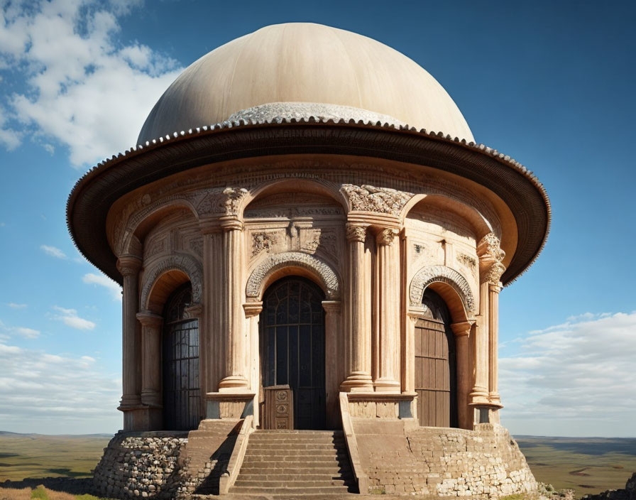 Ancient dome-topped structure with ornate archways in vast landscape