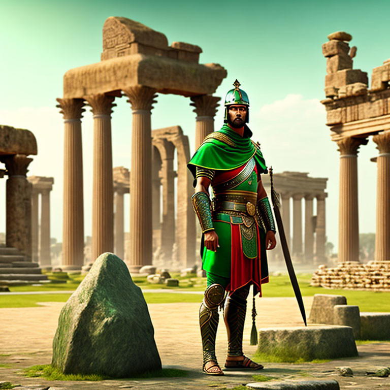 Roman soldier in traditional armor among ancient ruins under clear sky