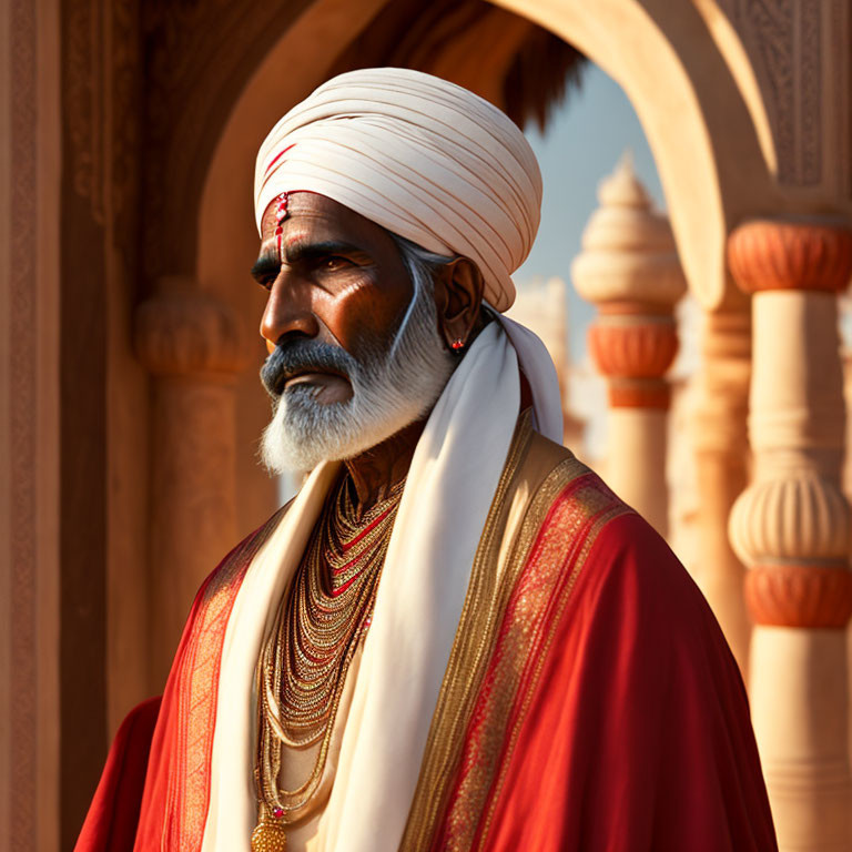 Elderly man in white turban and red shawl under arches in warm sunlight