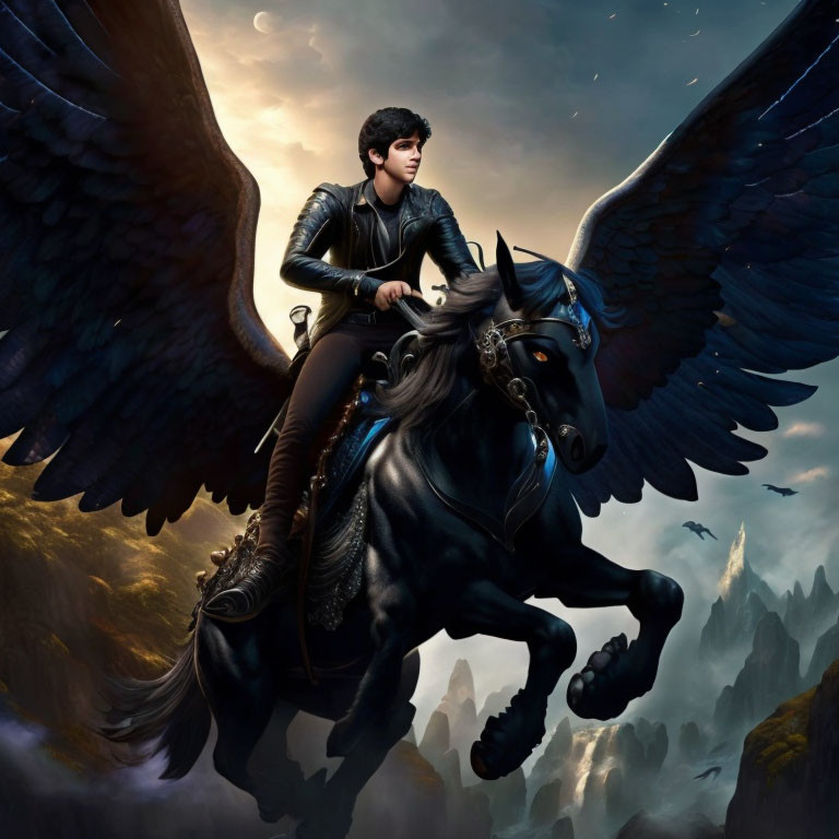 Winged horse rider in black leather outfit soaring over mountainous clouds