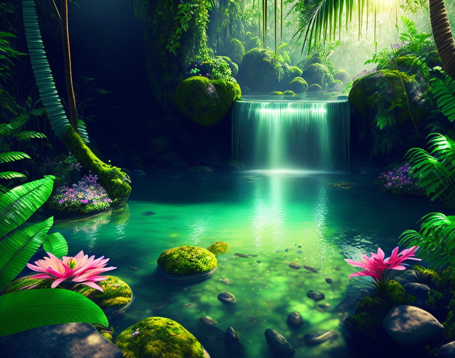 Tranquil tropical waterfall with lush greenery and clear pond