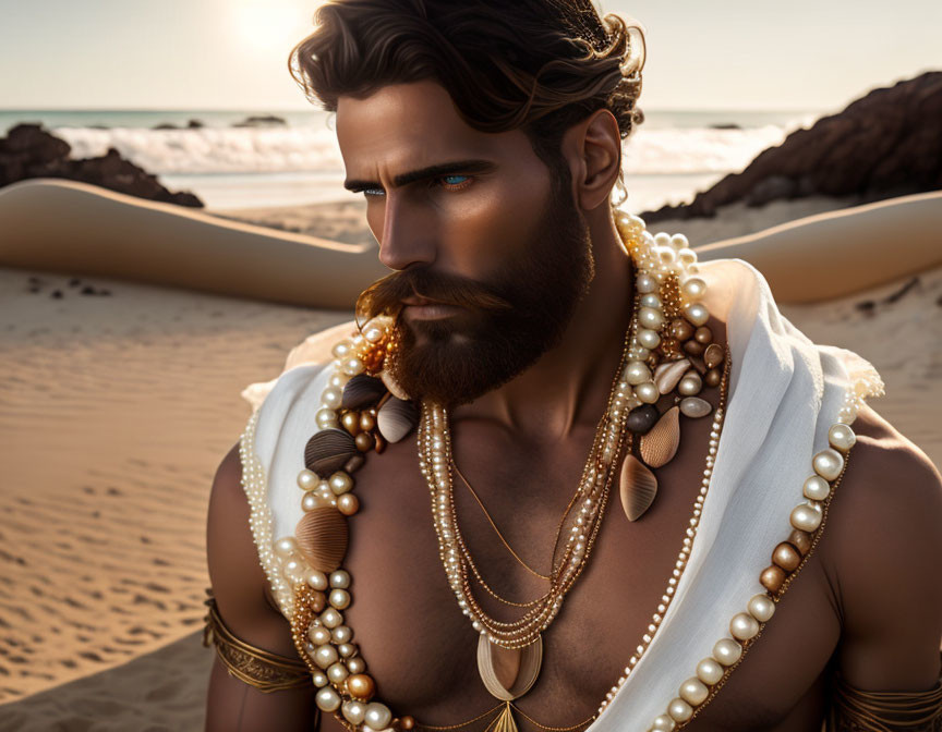 Muscular man with beard and blue eyes in white cloth on beach