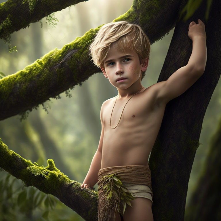 Blond-Haired Boy in Loin Cloth by Moss-Covered Tree