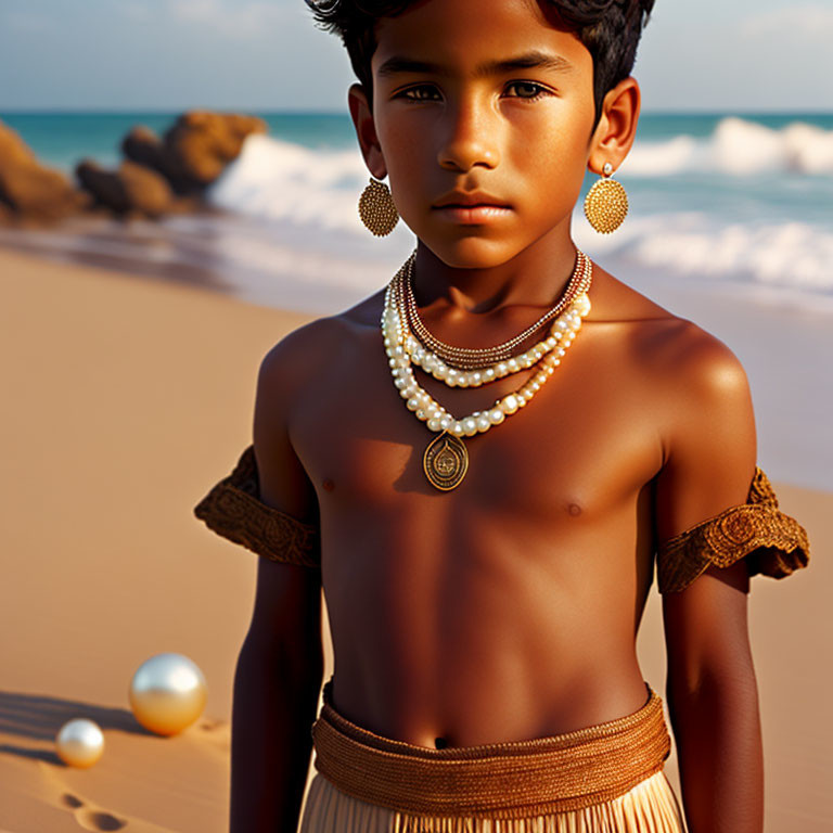 Person in ornate jewelry on sandy beach with ocean waves and rocks in background