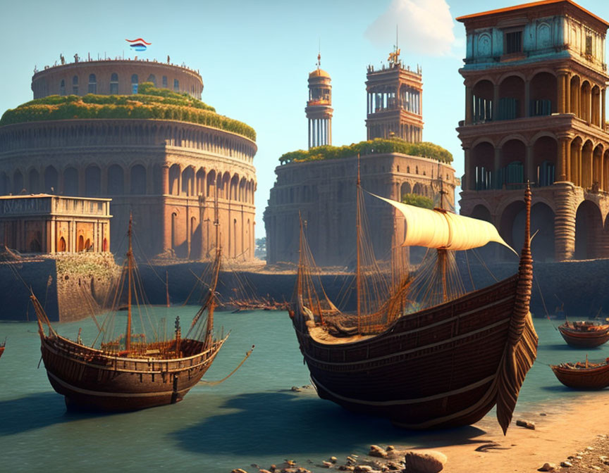 Ancient harbor, wooden ships, Colosseum, classical architecture on sunny day