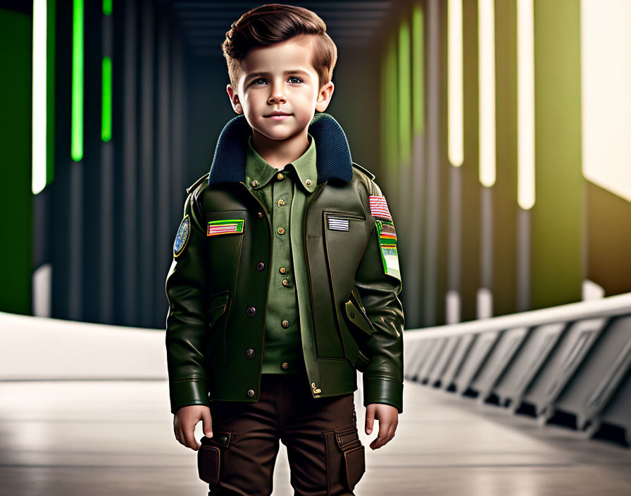 Young boy in green military-style jacket with slicked-back hair in modern interior with green lights