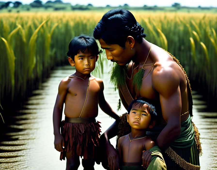 Woman and two children in golden rice field moment captured.