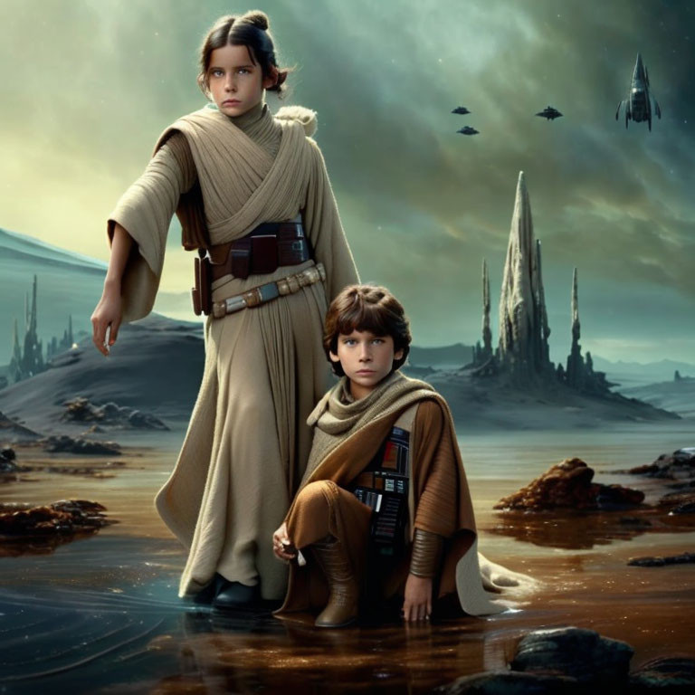 Jedi Robed Figures in Dystopian Landscape with Dark Ships