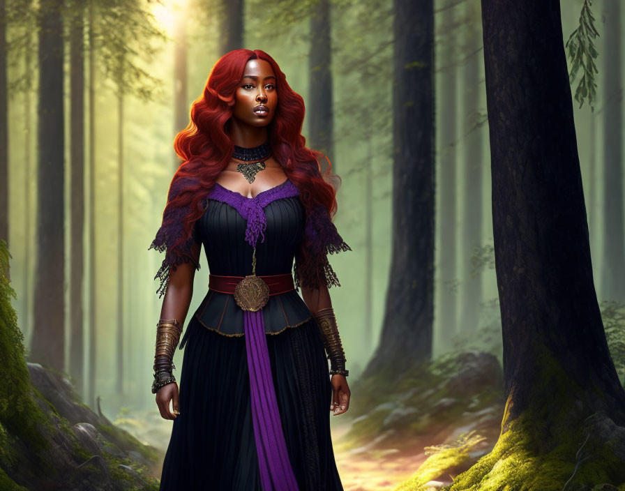 Woman with flowing red hair in black and purple gown in sunlit forest