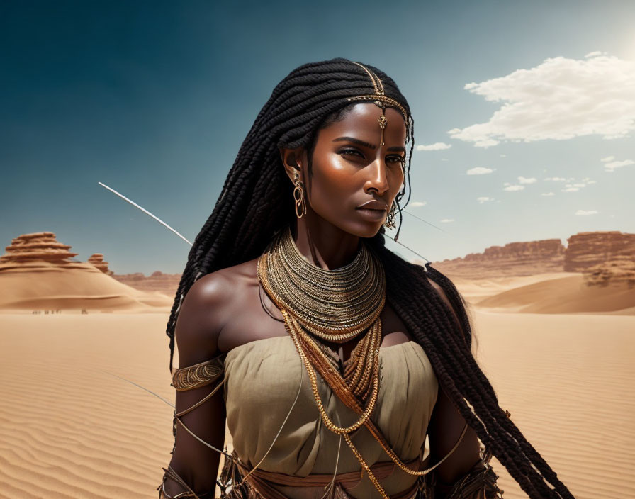 Elaborately braided woman with golden jewelry in desert landscape