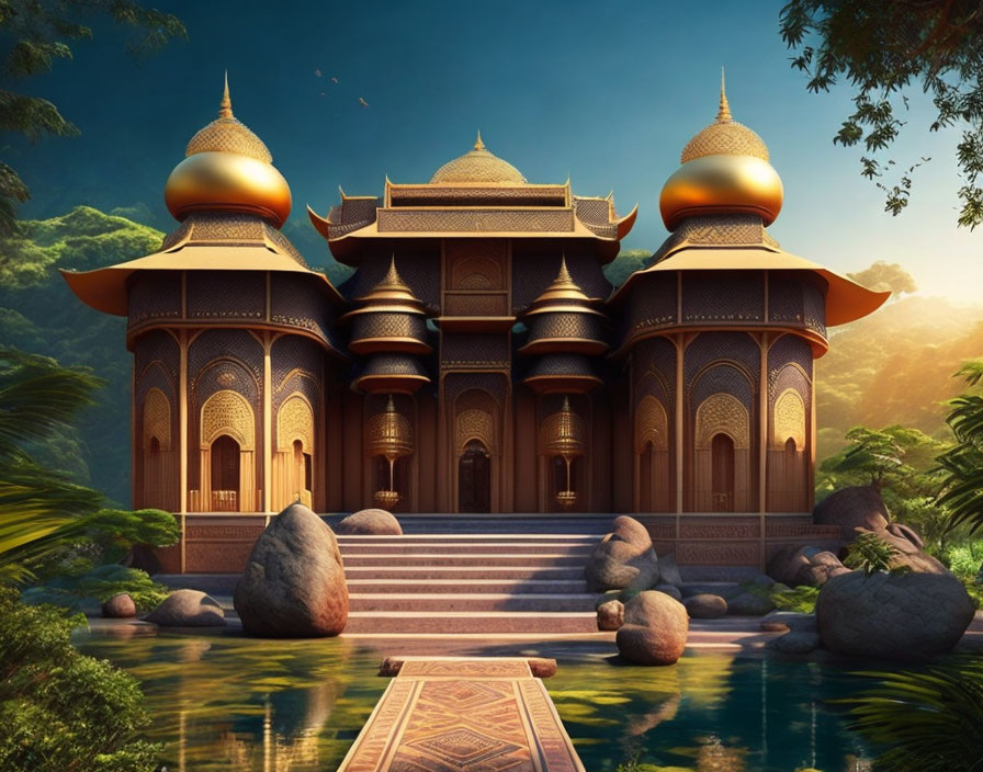 Majestic fantasy palace with golden domes and grand staircase