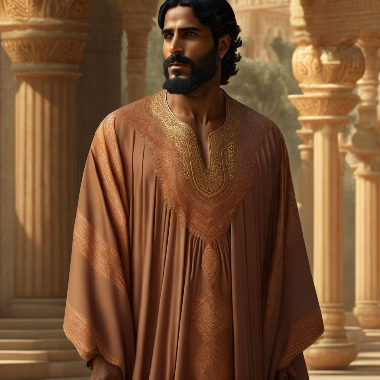 Bearded man in traditional attire before classical architecture