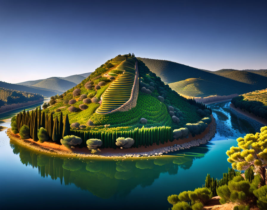 Lush Green Peninsula with Terraced Fields and Blue Water