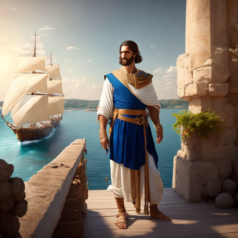 Ancient Greek man on wooden pier overlooking sailboat in serene waters