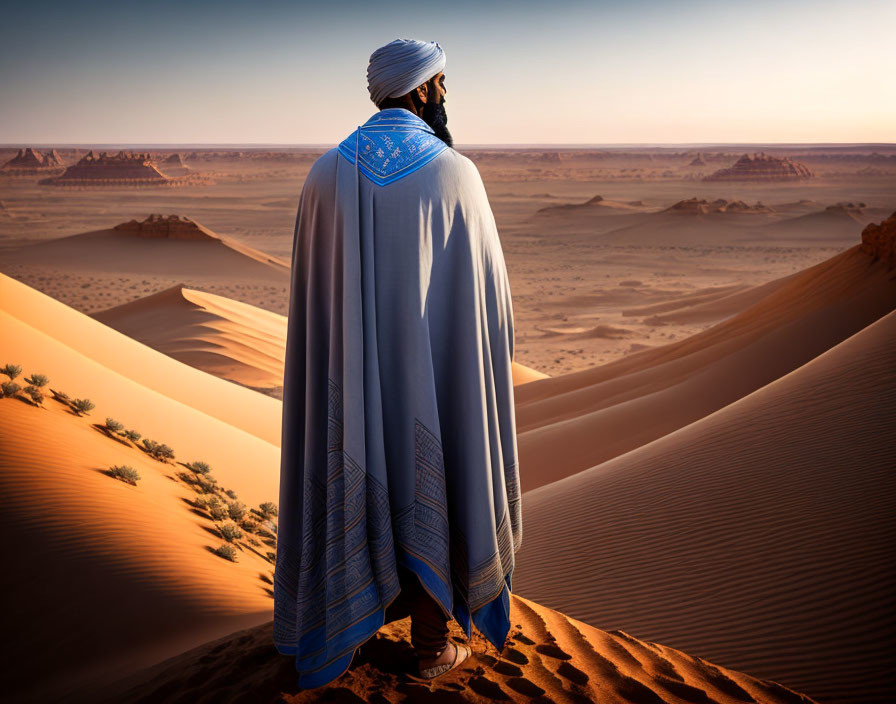 Person in traditional attire on sand dune gazes at vast desert sunset