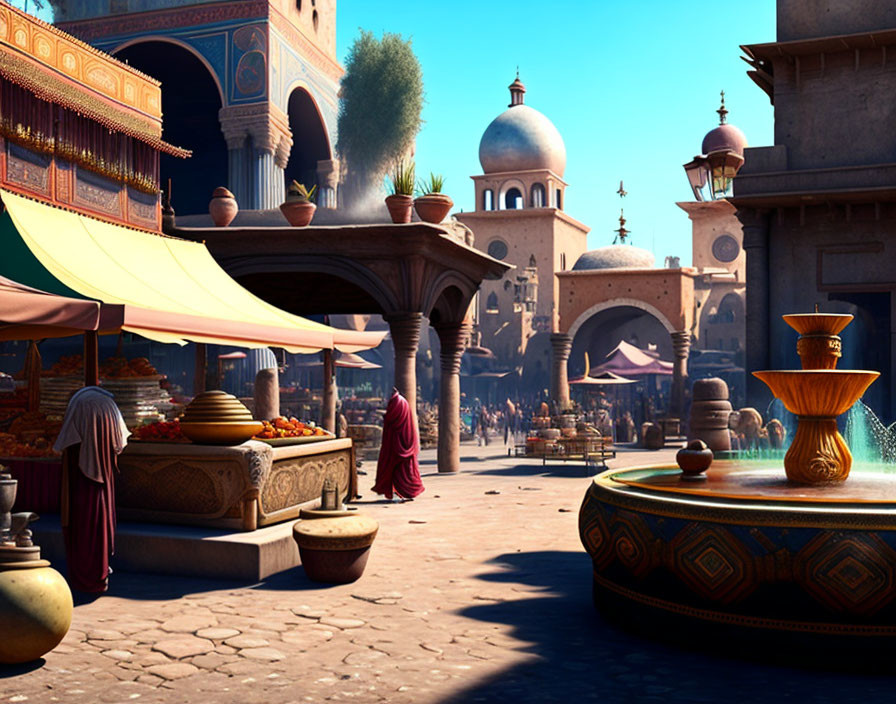 Vibrant market scene with ornate buildings, stalls, traditional attire, and fountain