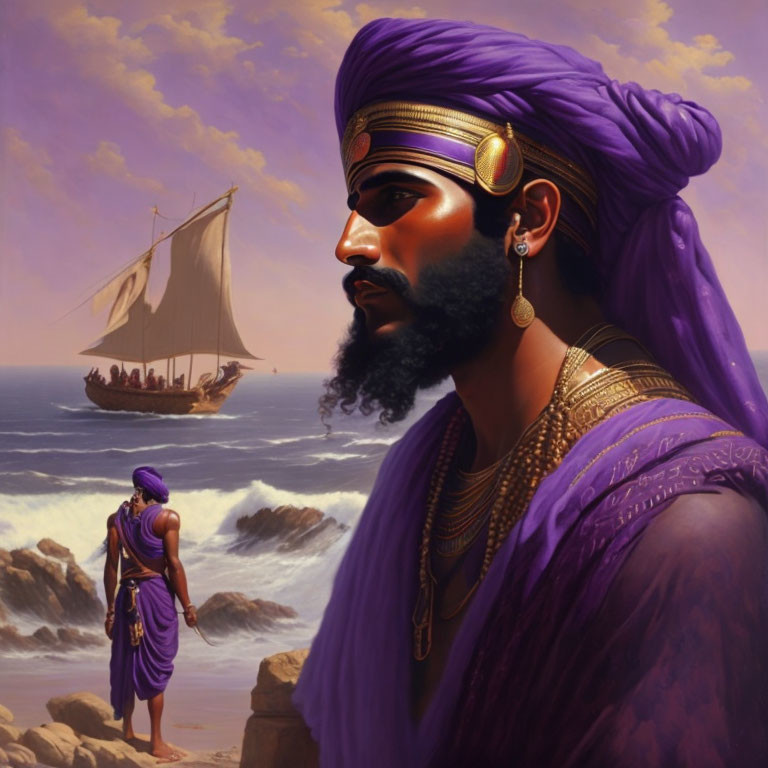 Regal man in purple robe gazes at sailboat on the sea