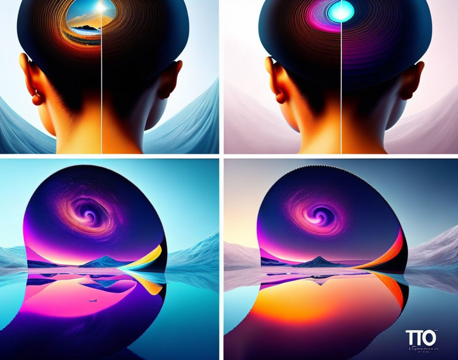 Four surreal landscape images with vibrant colors and cosmic vortex theme