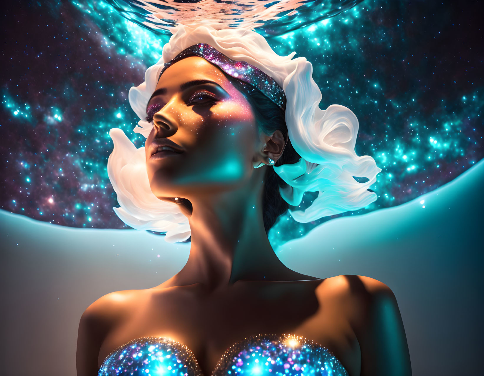 Cosmic-themed surreal portrait of a woman with swirling galaxies and stars