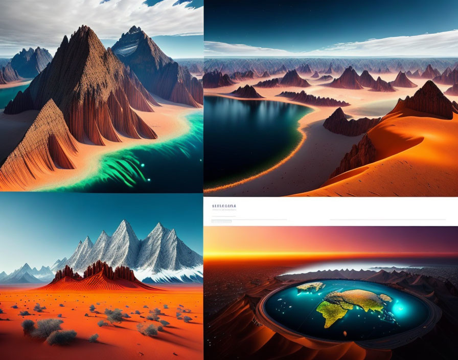 Surreal collage of desert dunes, mountain peaks, rivers, starry sky