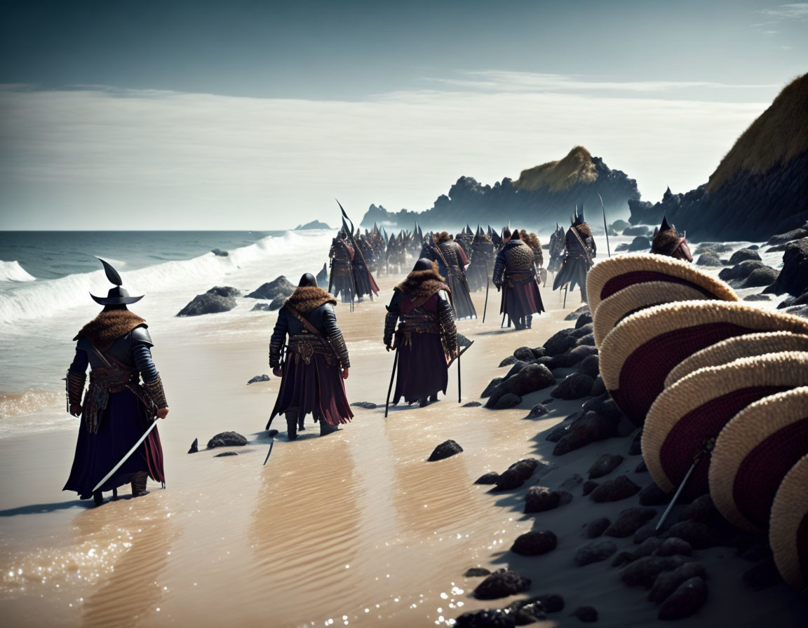 Traditional Samurai Warriors in Armor on Beach with Swords and Boats