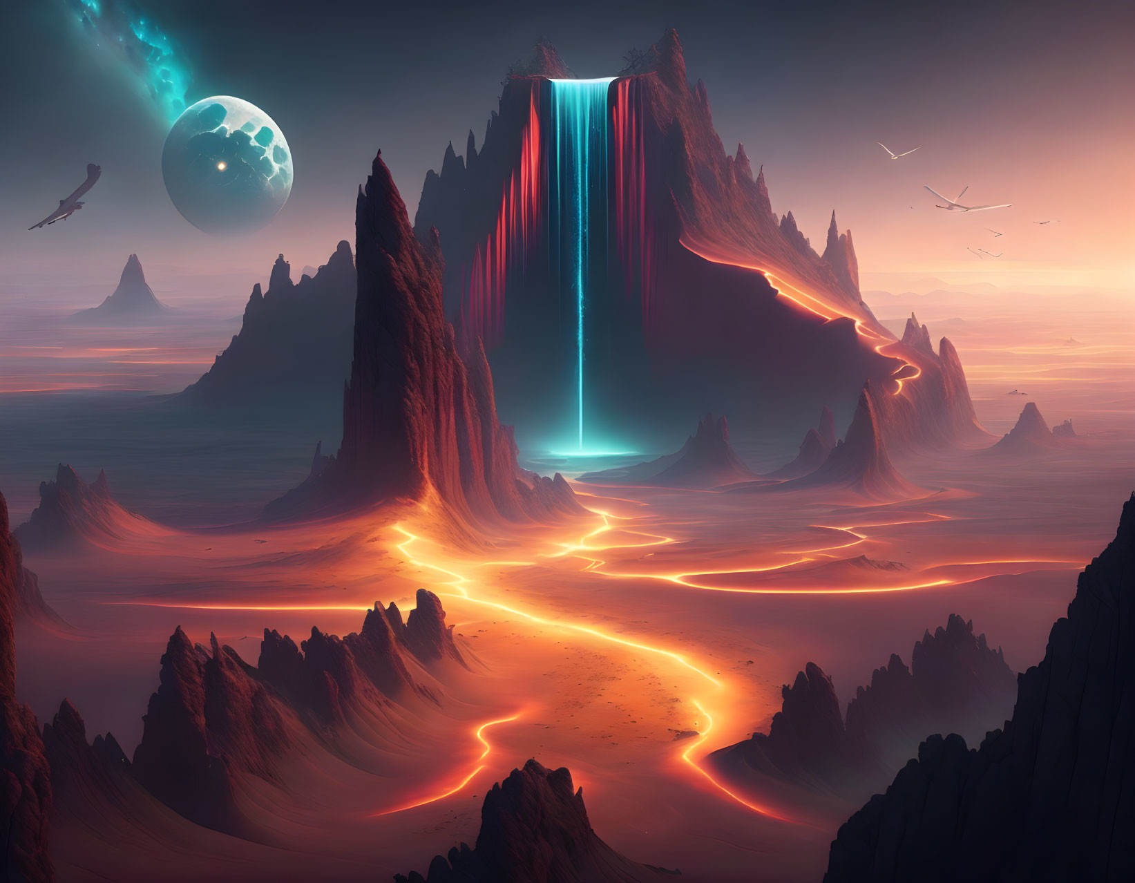 Surreal landscape with towering cliff, blue waterfall, lava river, alien sky, and birds.