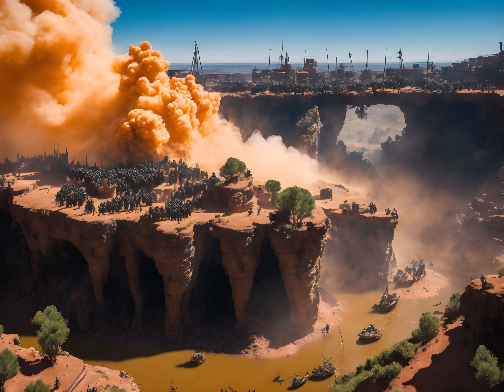 Explosion over desert cliff with river and industrial structures