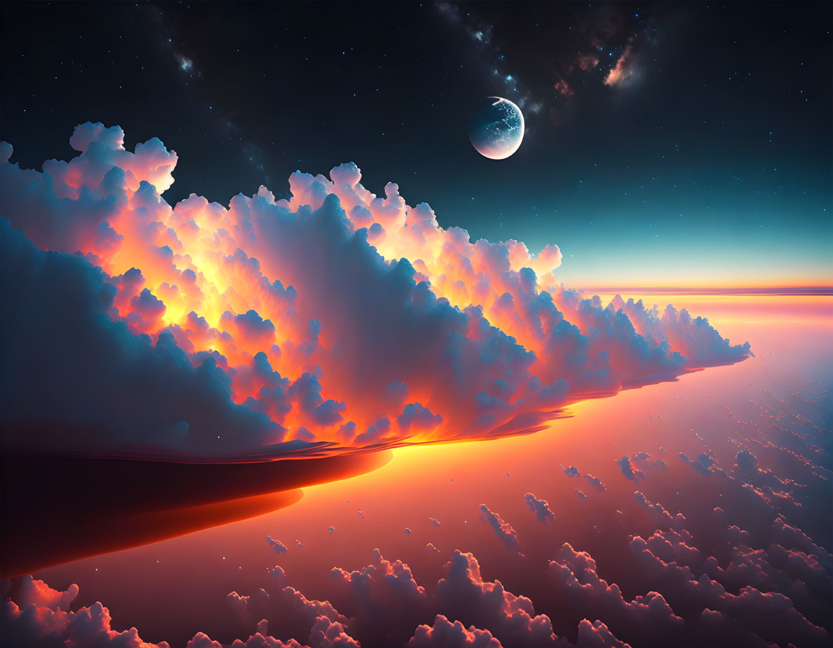 Surreal sunset/sunrise horizon with starry sky and crescent moon