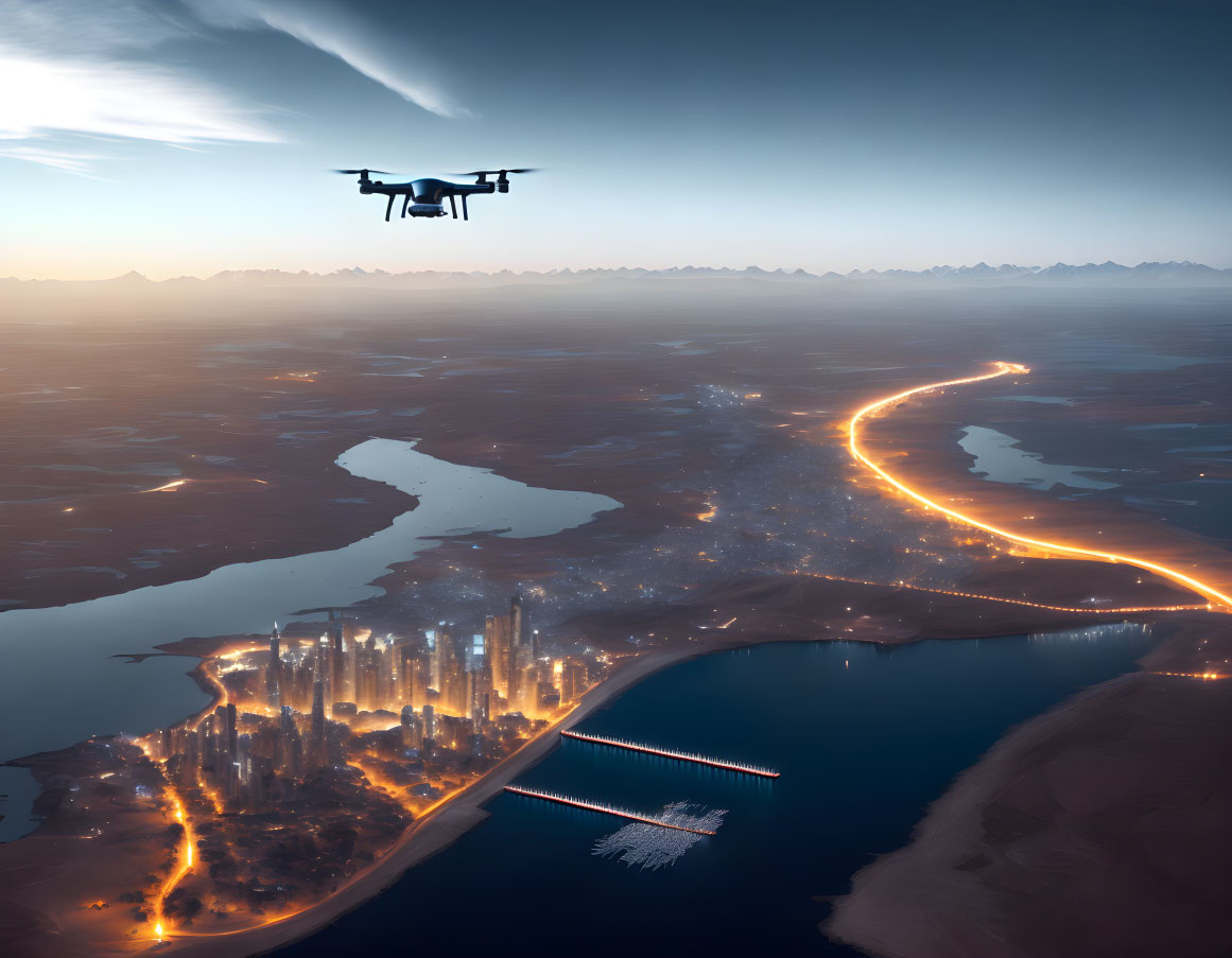 Futuristic cityscape at dusk with illuminated buildings and winding river