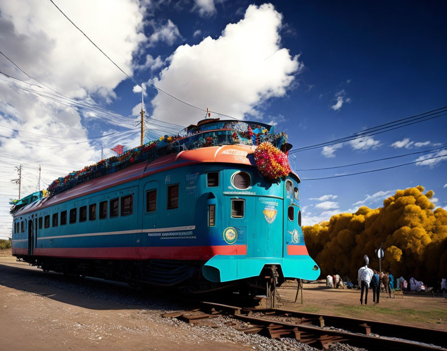 Colorful Blue and Orange Decorative Train at Station with People and Yellow Trees