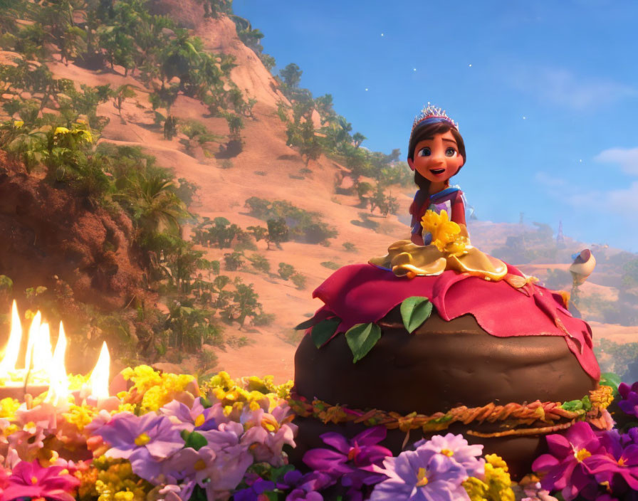 Animated princess emerges from chocolate cake in sunny flower garden