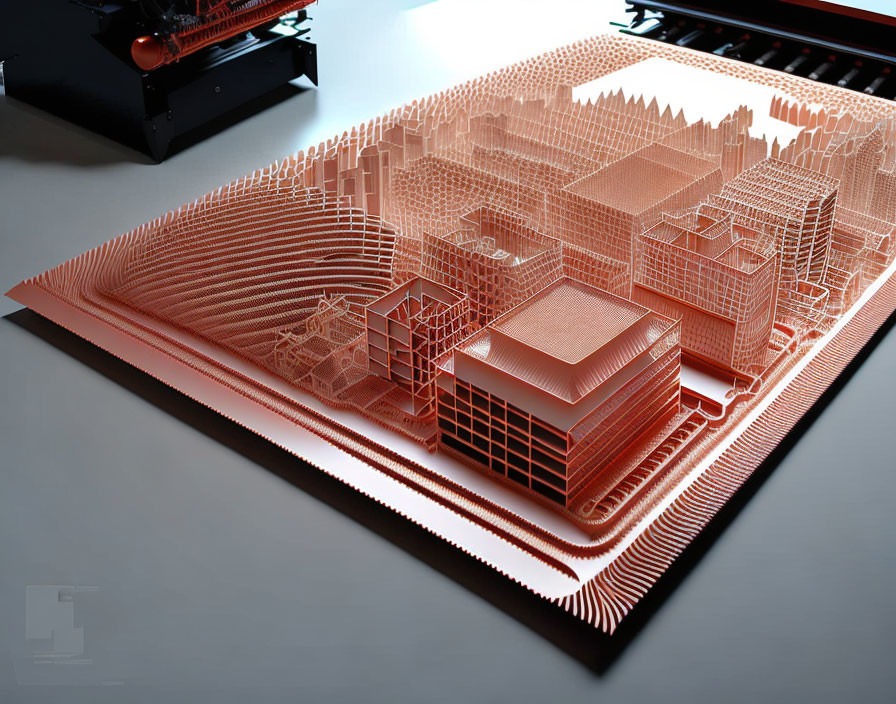 Detailed 3D-printed architectural model on black surface