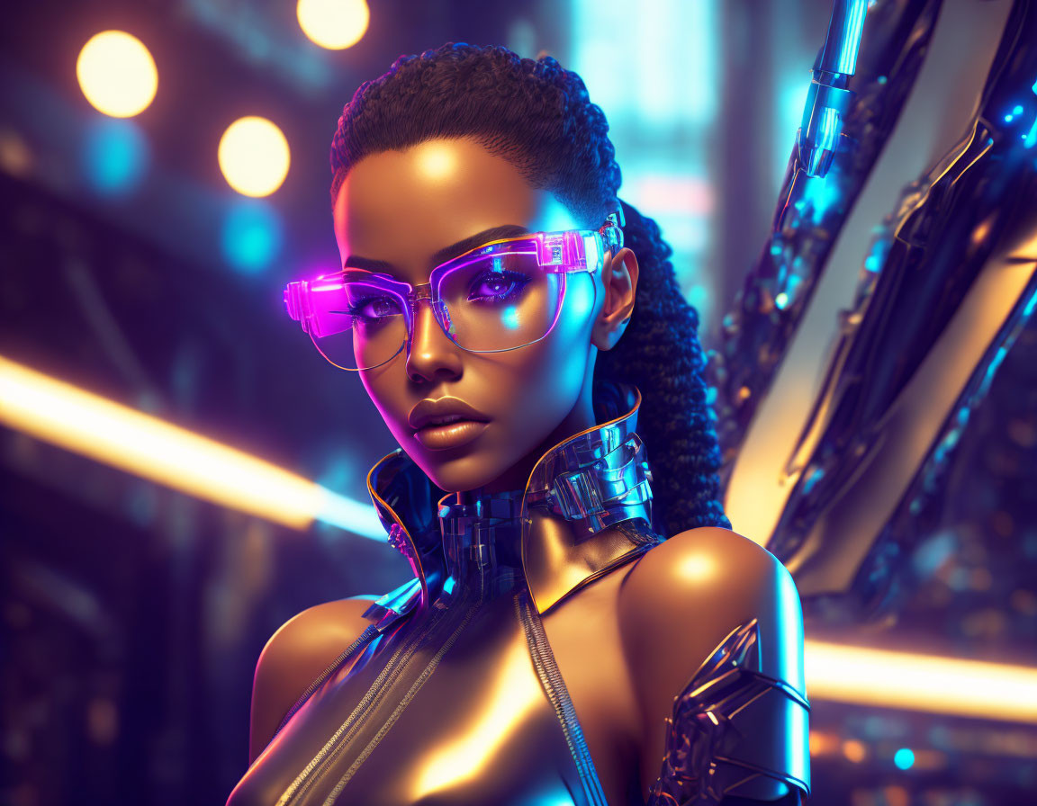 Futuristic woman with glowing pink glasses and metallic collar in neon lights