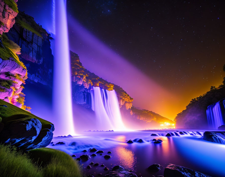 Night scene with illuminated waterfall, starry sky, and rocky cliffs.