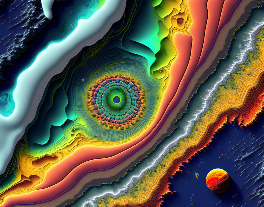 Colorful Fractal Art: Circular Pattern with Waves and Planet