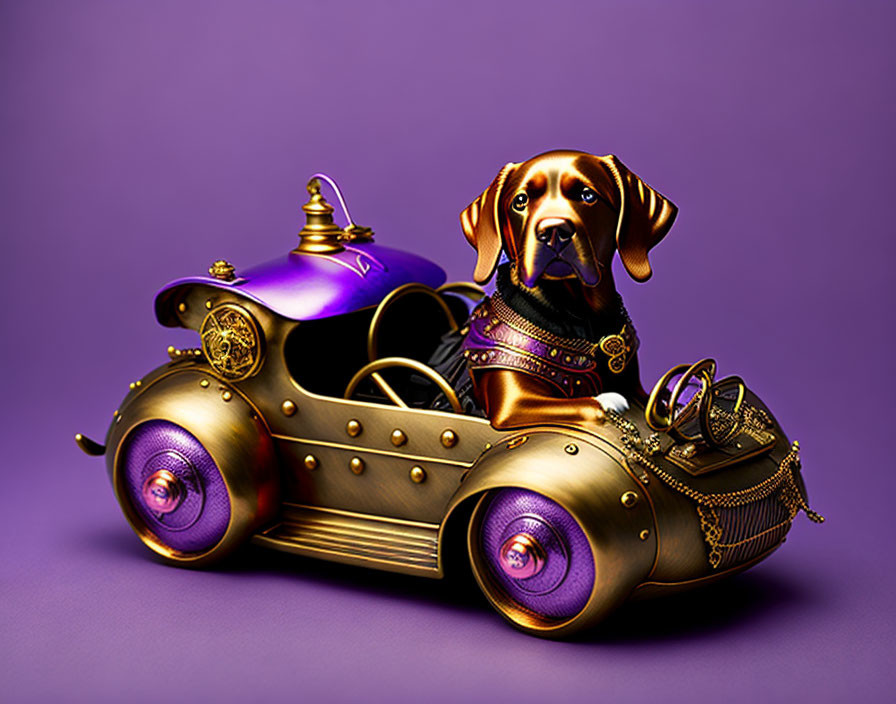 Steampunk-themed digital art of a dog in collar and goggles in gold and purple tones on purple