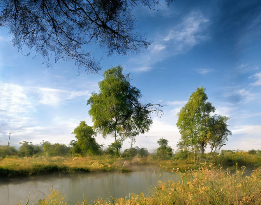 Lush green trees by tranquil riverside under misty skies