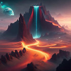 Surreal landscape with towering cliff, blue waterfall, lava river, alien sky, and birds.