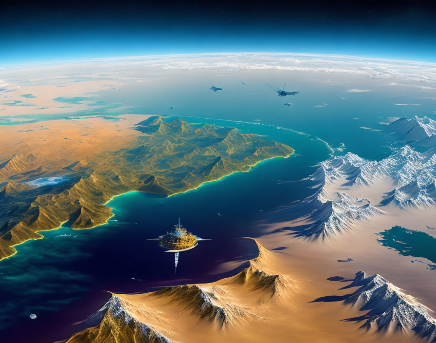 Spaceships soar over diverse planetary landscape with oceans, mountains, and plains from high view