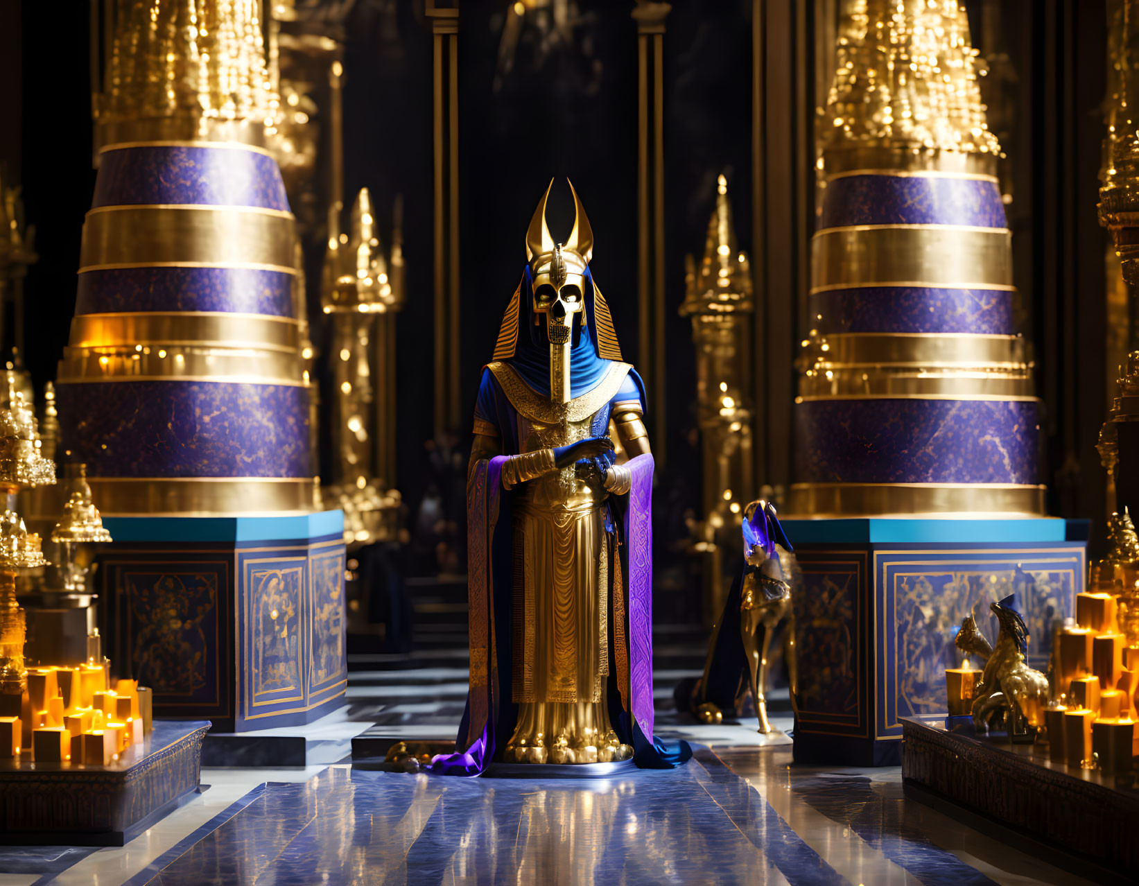 Elaborate Anubis Costume in Candle-lit Egyptian Hall